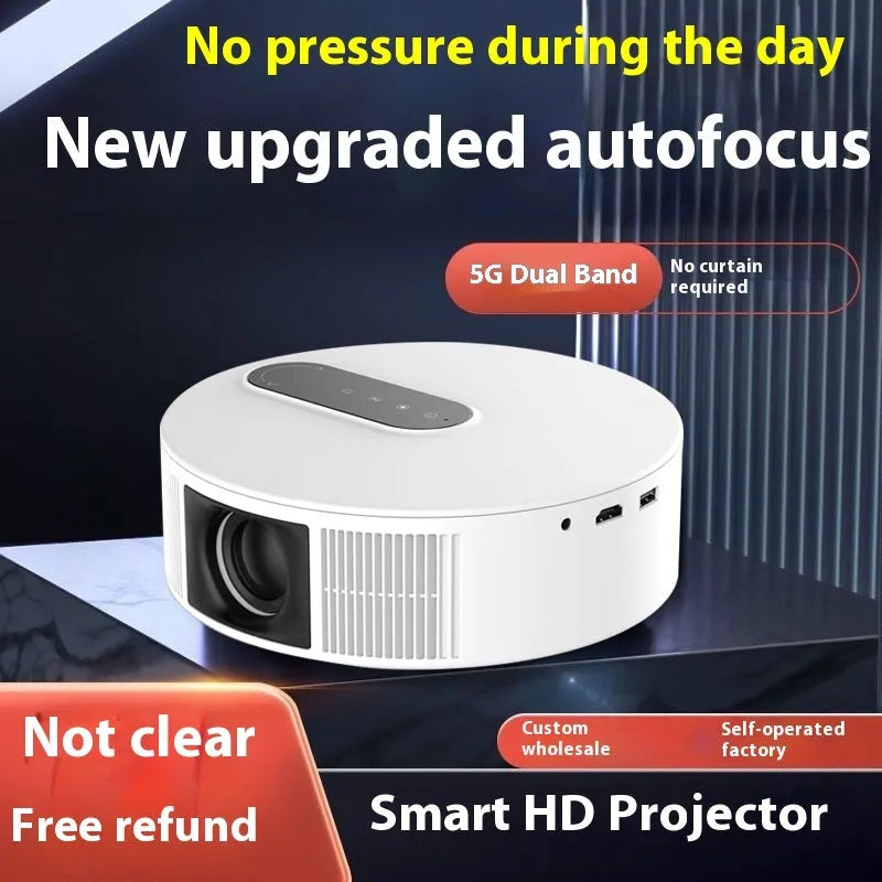 White HD home theatre projector with remote control on a stand, showing 720p resolution and 200LM brightness specifications.