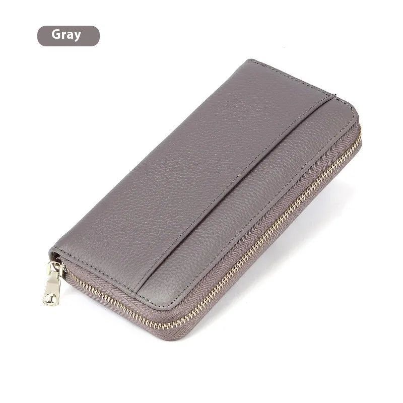Genuine leather long wallet for women in six colour options showing anti-theft card slot and large capacity interior