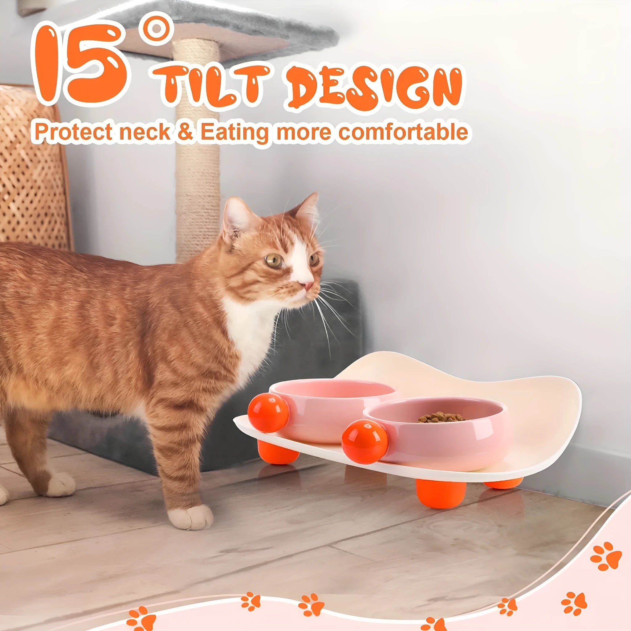 Two raised ceramic pet bowls with pink and yellow colours and grey non-slip silicone bases.