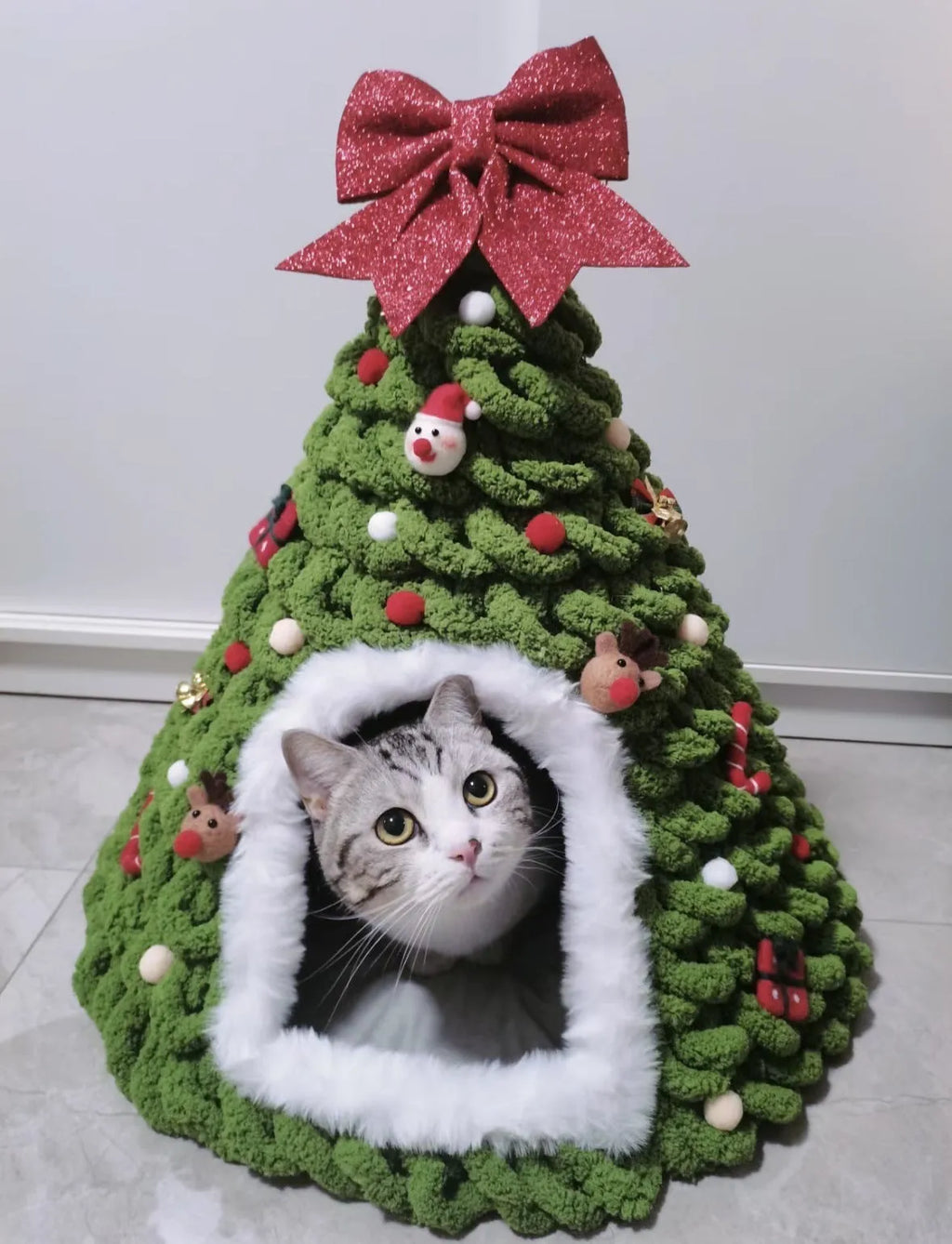 Grey handmade felt cone cat house with enclosed tent design measuring 50cm