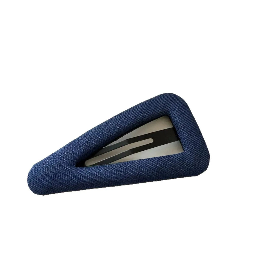 French retro dot pattern barrettes in triangle and water drop shapes with dark denim designs