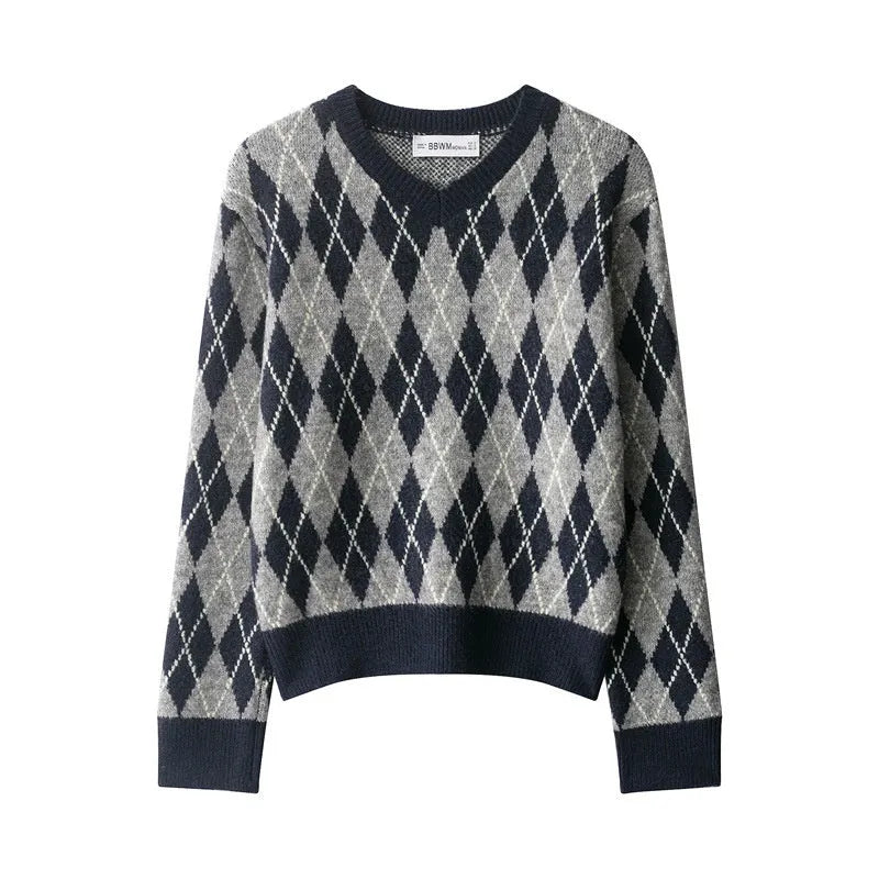 Women's diamond pattern contrast colour long sleeve knit sweater pullover regular fit