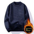 Men's single-layer fleece-lined round neck pullover sweater in black, front view, long sleeves, casual fit.