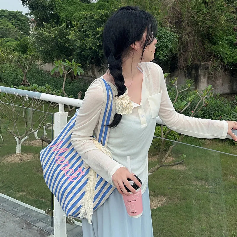 Blue striped letters printed cotton canvas shoulder bag with pink blue white stripes