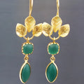 Gold retro water drop earrings with French leaves tassel design and zircon accents
