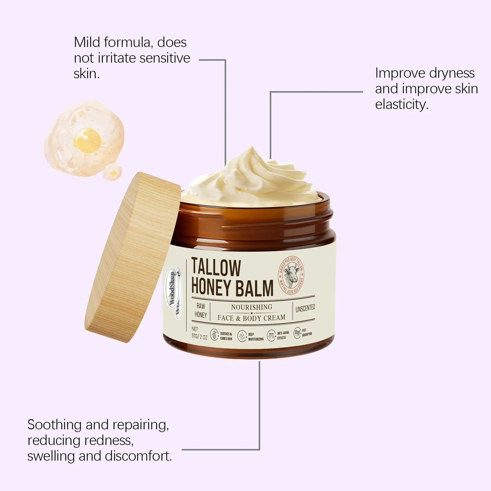 Tallow honey moisturising cream in 57G jar for skin repair and dryness relief