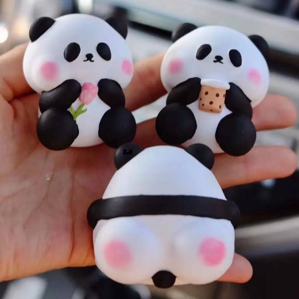 Cute panda car vent perfume decoration in milk tea, flower, and back panda designs.