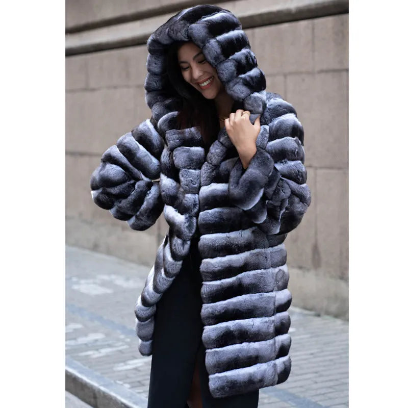 Women's mid-length zebra stripe faux fur overcoat with Japanese Korean casual style