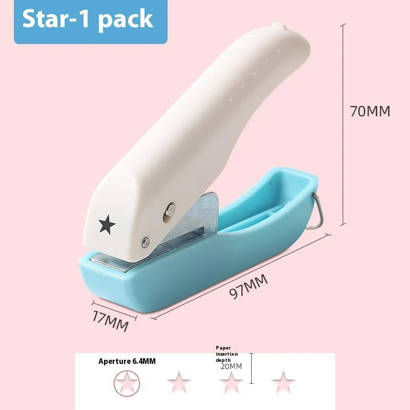 Manual craft punching machine with love, star, and round shape attachments for paper embossing.