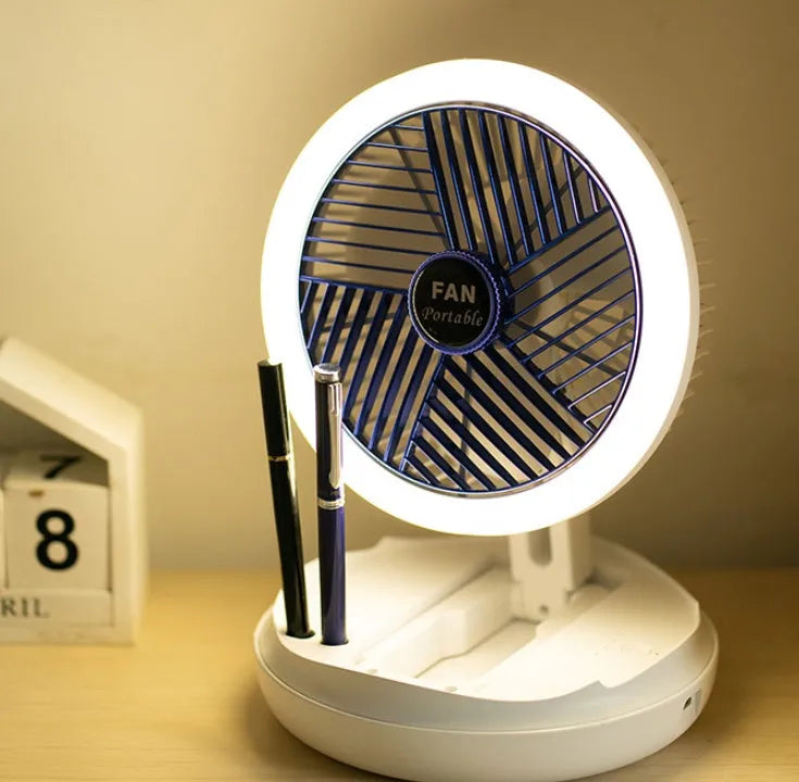 Blue foldable USB desk fan with LED light, shown in open position with 300° head tilt