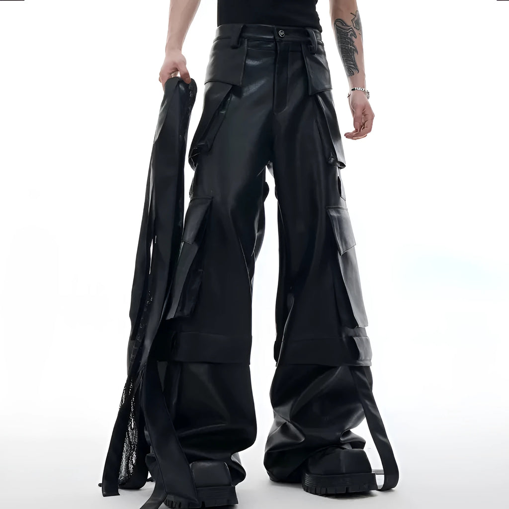 Black loose-fit quilted trousers with multiple pockets and PU leather composite fabric