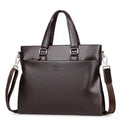Black PU leather men's messenger bag with shoulder strap showing splicing design details