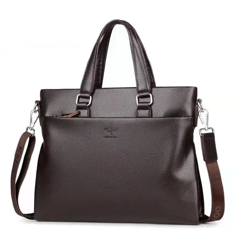 Black PU leather men's messenger bag with shoulder strap showing splicing design details