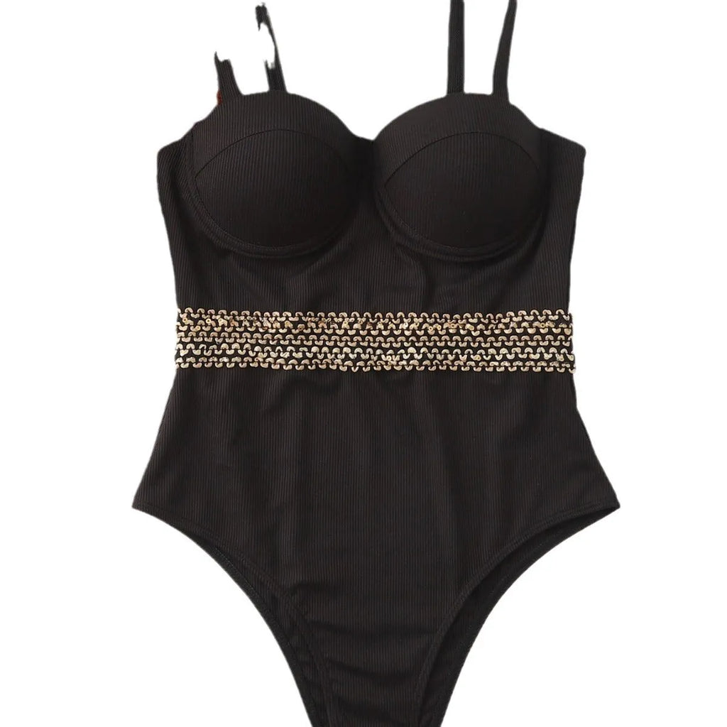 Black women's one-piece swimsuit with an adjustable shoulder strap on a mannequin
