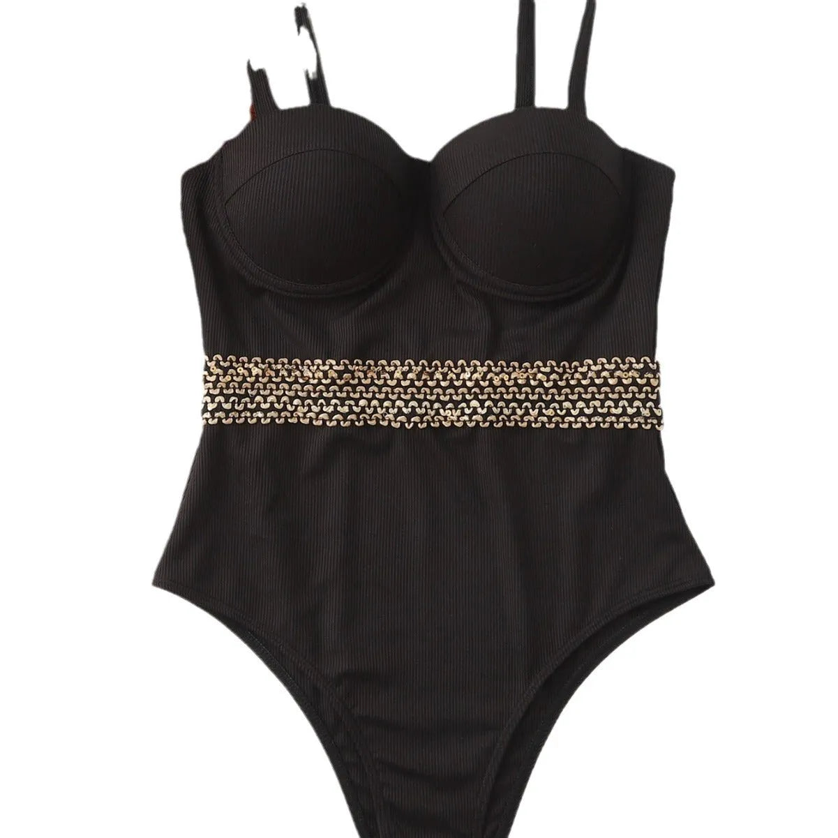 Black women's one-piece swimsuit with an adjustable shoulder strap on a mannequin