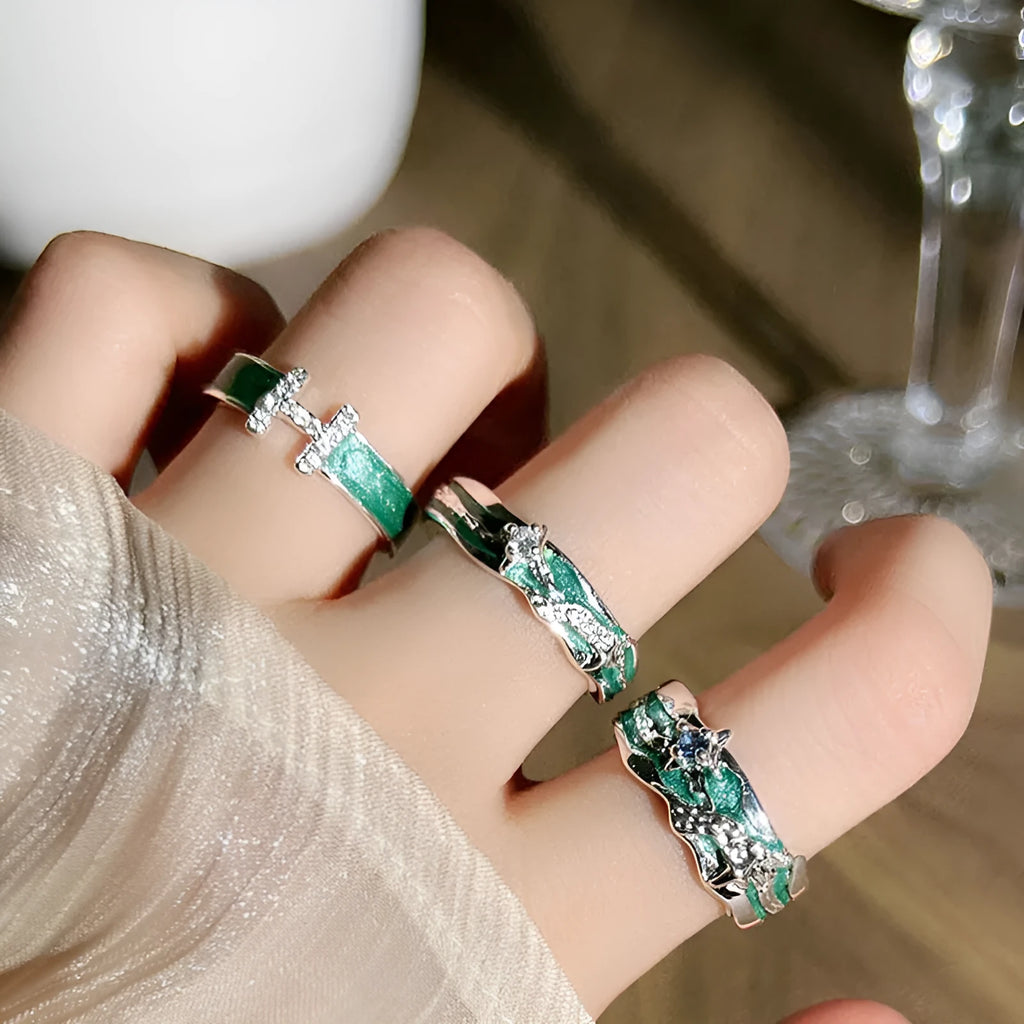 Mint green enamel copper ring with eight-point asterism star pattern and personalised text option