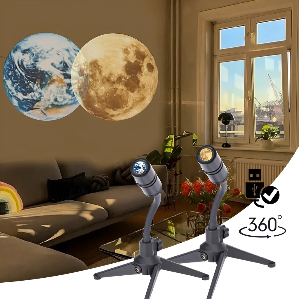 Earth and Moon projector night light with flexible hose bracket on a bedside table