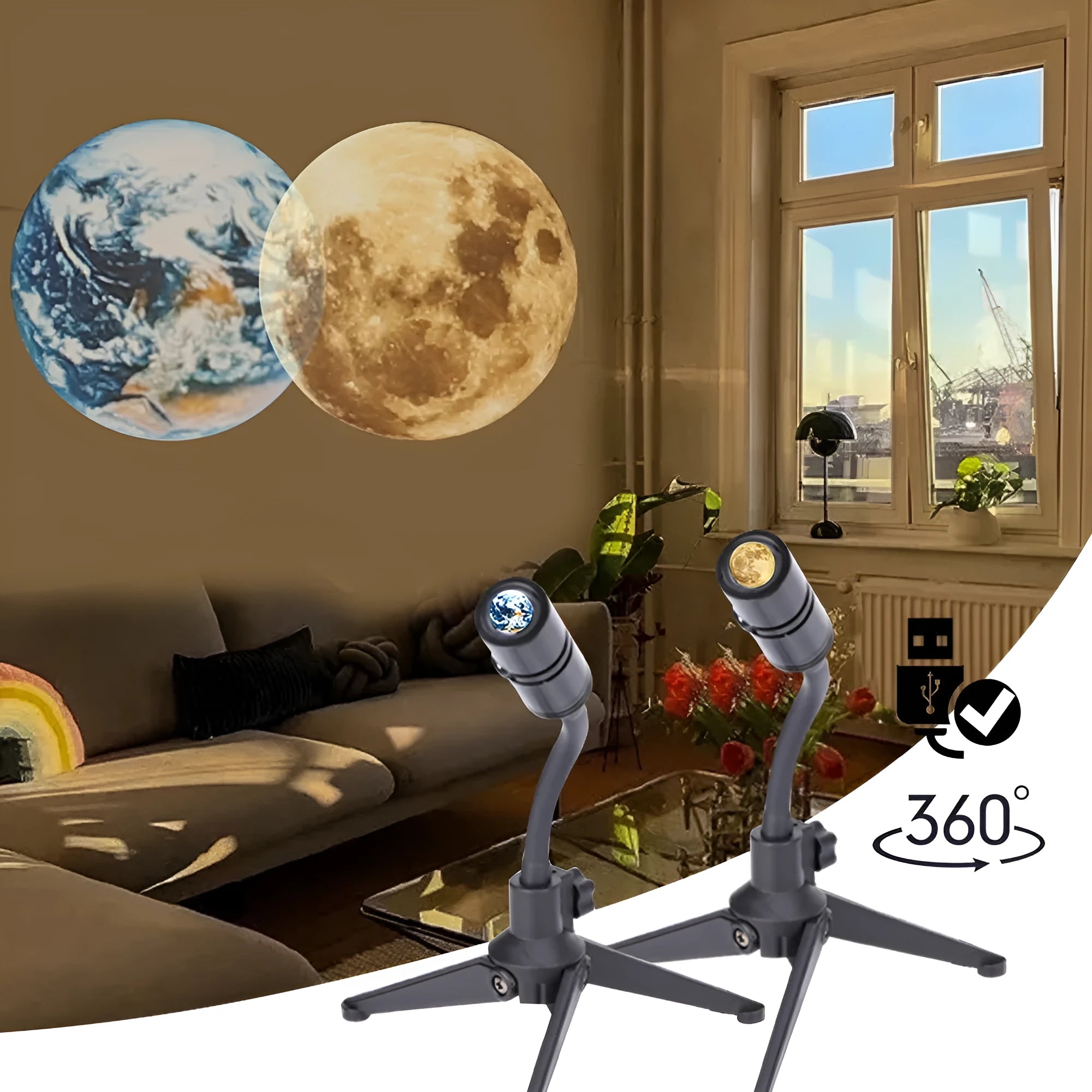 Earth and Moon projector night light with flexible hose bracket on a bedside table