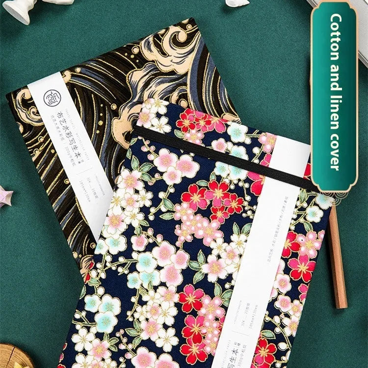 Feiluniao fabric watercolour notebook open showing paper and handmade cover