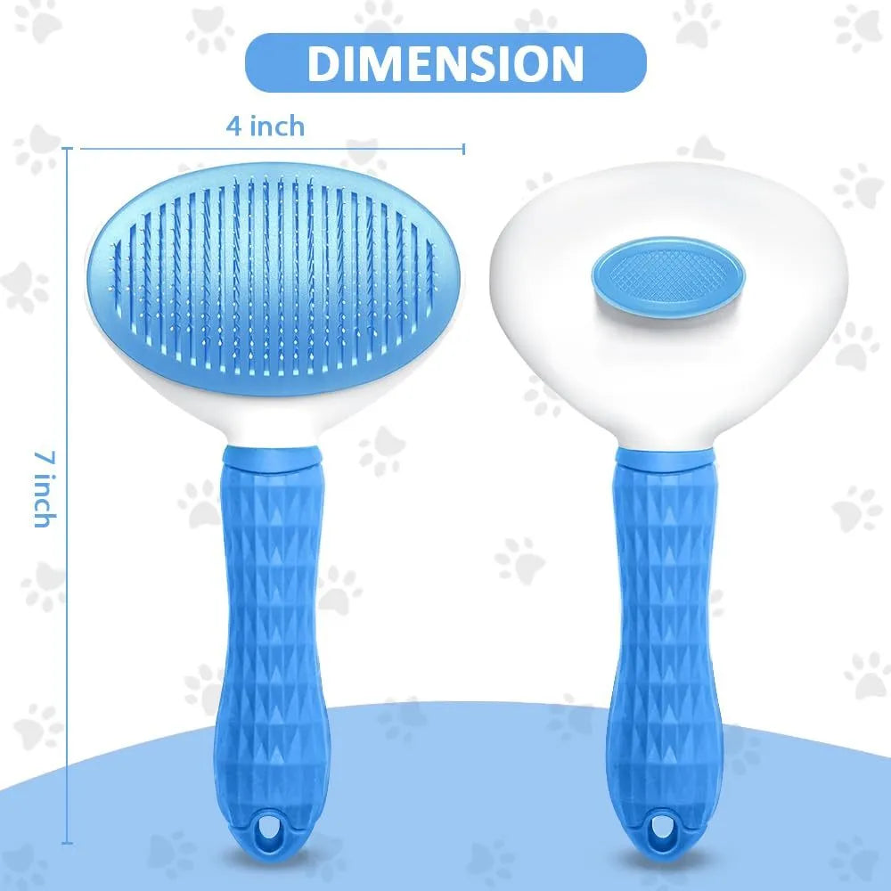 Blue cat grooming brush with a release button for removing loose fur and tangles