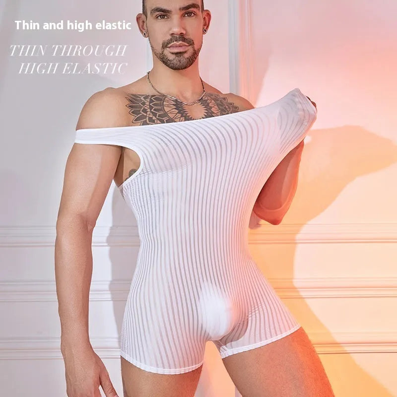Men's striped nylon jumpsuit in black colour with wide vertical bar pattern, lightweight breathable fabric