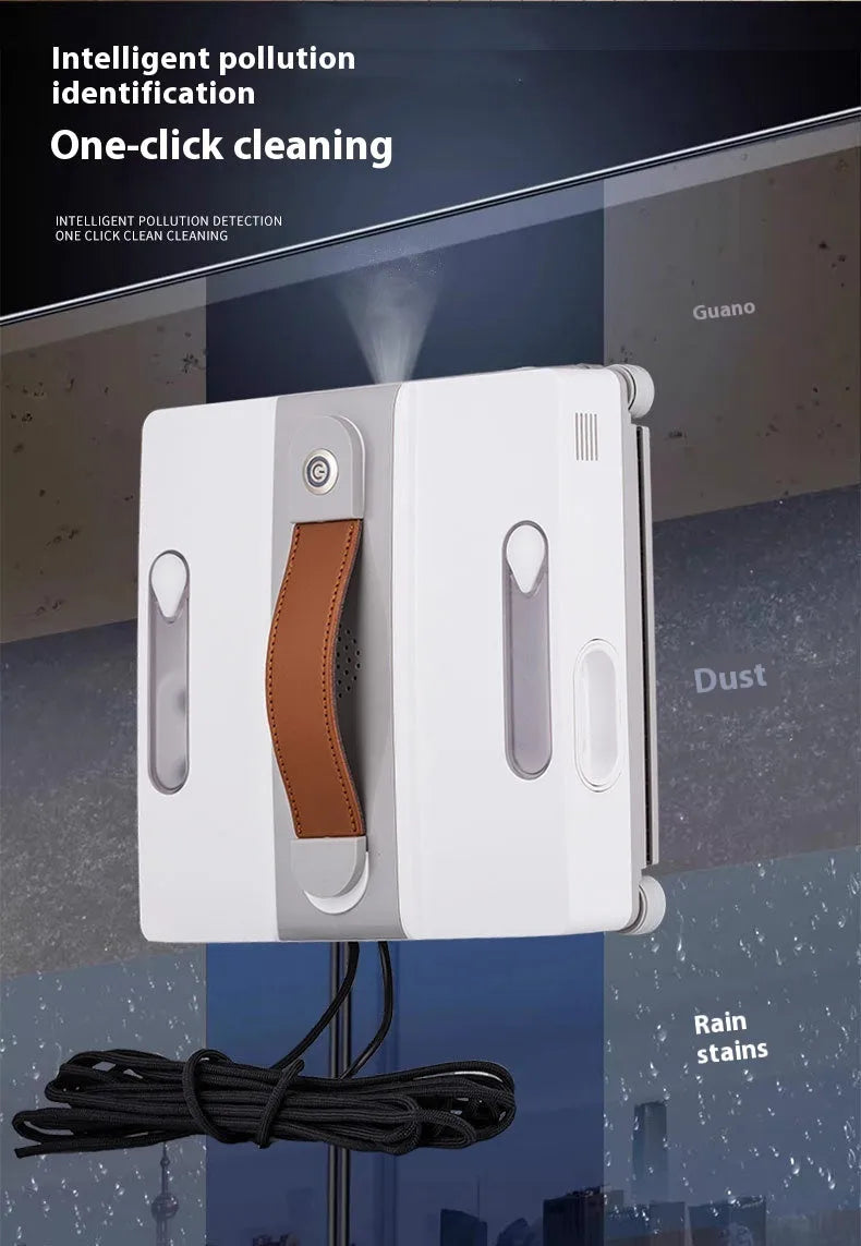 White window cleaning robot with four spray nozzles for automated high-rise window washing