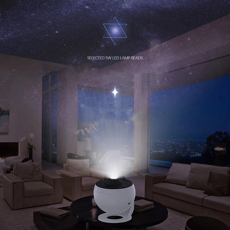 Black and white galaxy projector night light with 360-degree rotation, showing a starry sky film projection on a ceiling