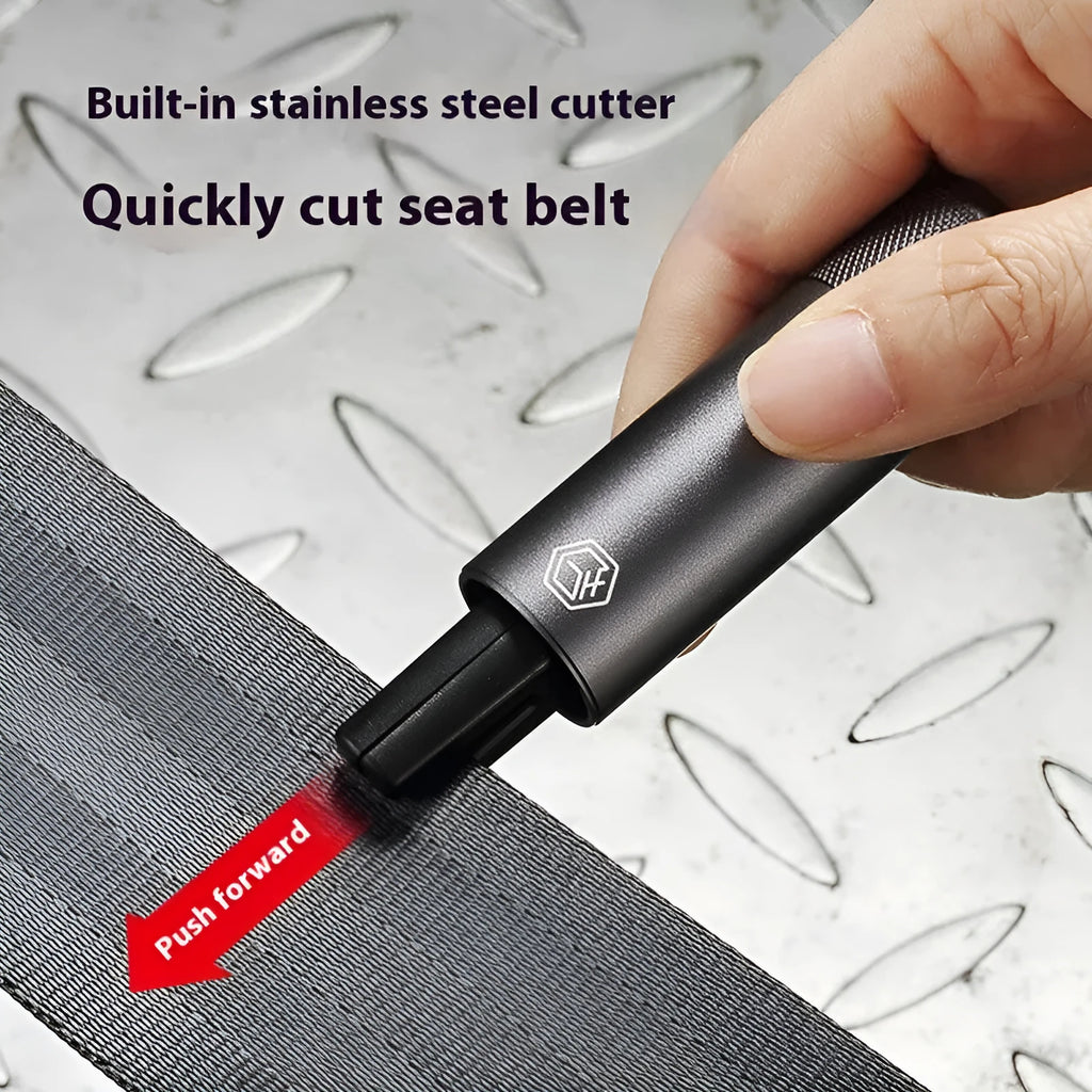 Gun grey aluminium alloy automobile safety hammer with belt cutter on a 3M rubber base.