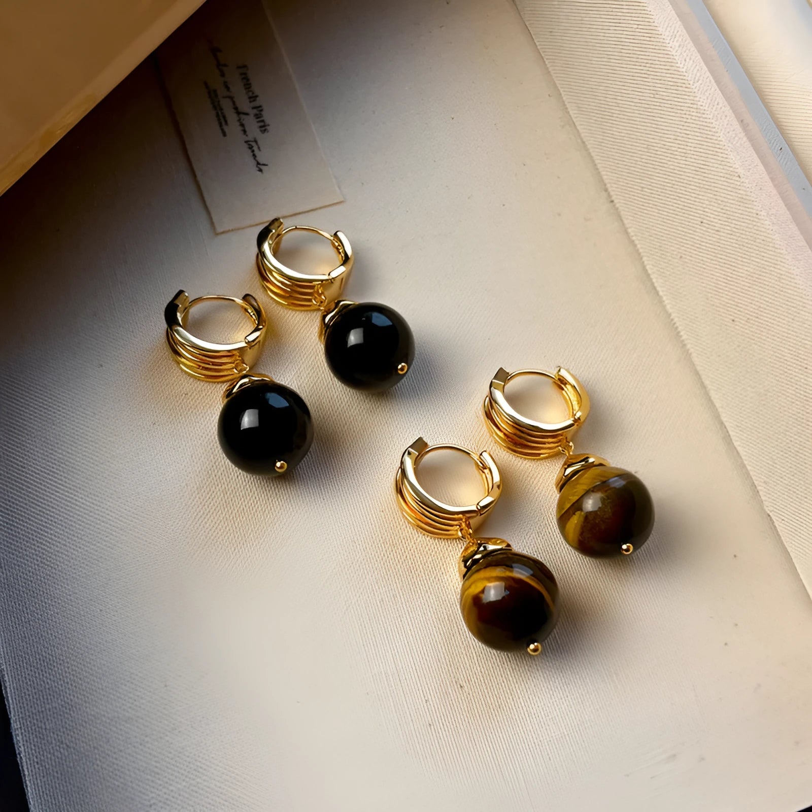 Geometric tigereye stone hoop earrings with real gold plating in French retro style