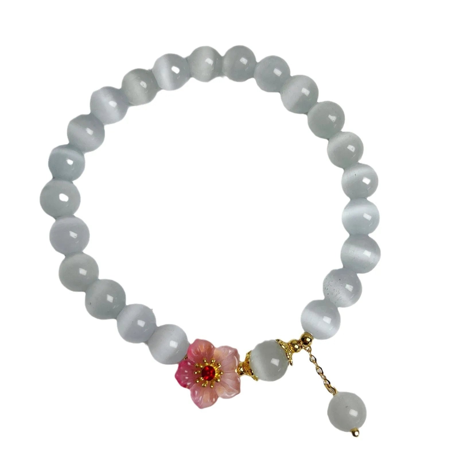 White opal flower beaded bracelet with manual glass and coloured glaze construction
