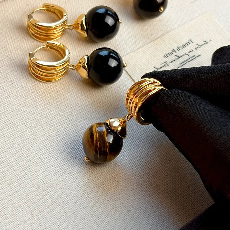 Geometric tigereye stone hoop earrings with real gold plating in French retro style