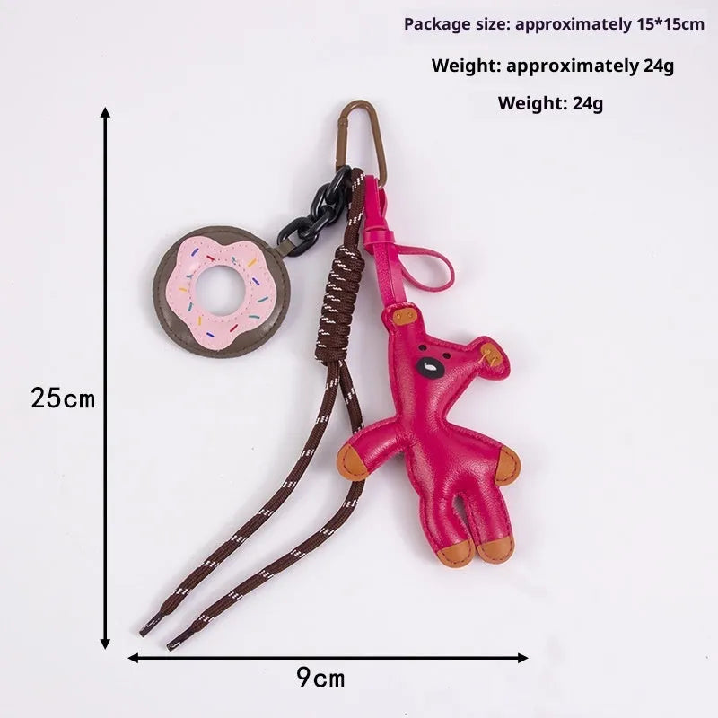 PU leather bear donut keychain in brown with semi-handmade finish and bag clip attachment