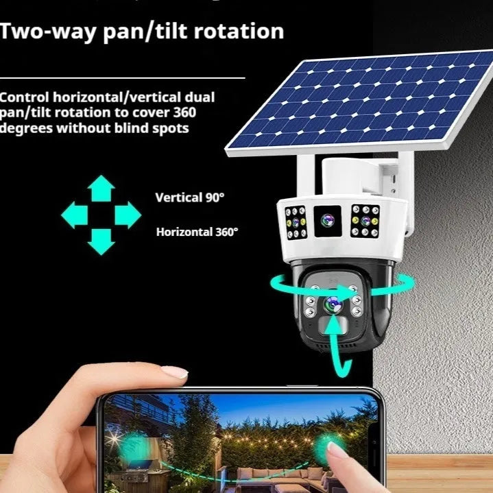 Solar-powered binocular surveillance camera with integrated solar panel and three-screen display