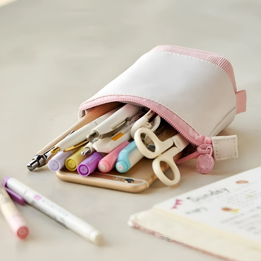 Korean style drop-down telescopic stationery case in PU corduroy, shown in one of six colours.