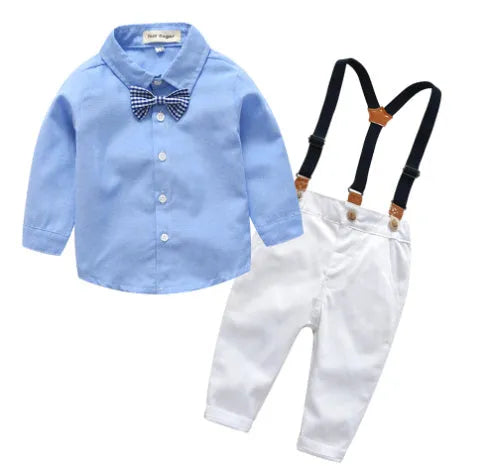 Boys blue gentleman bib pant suit with long sleeves and bow tie in Korean style