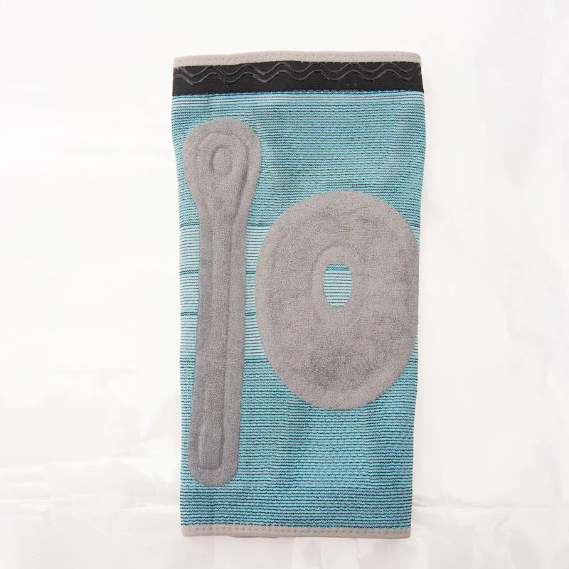 Sky blue elastic fibre knee pads with silicone grip for sports like basketball and running.