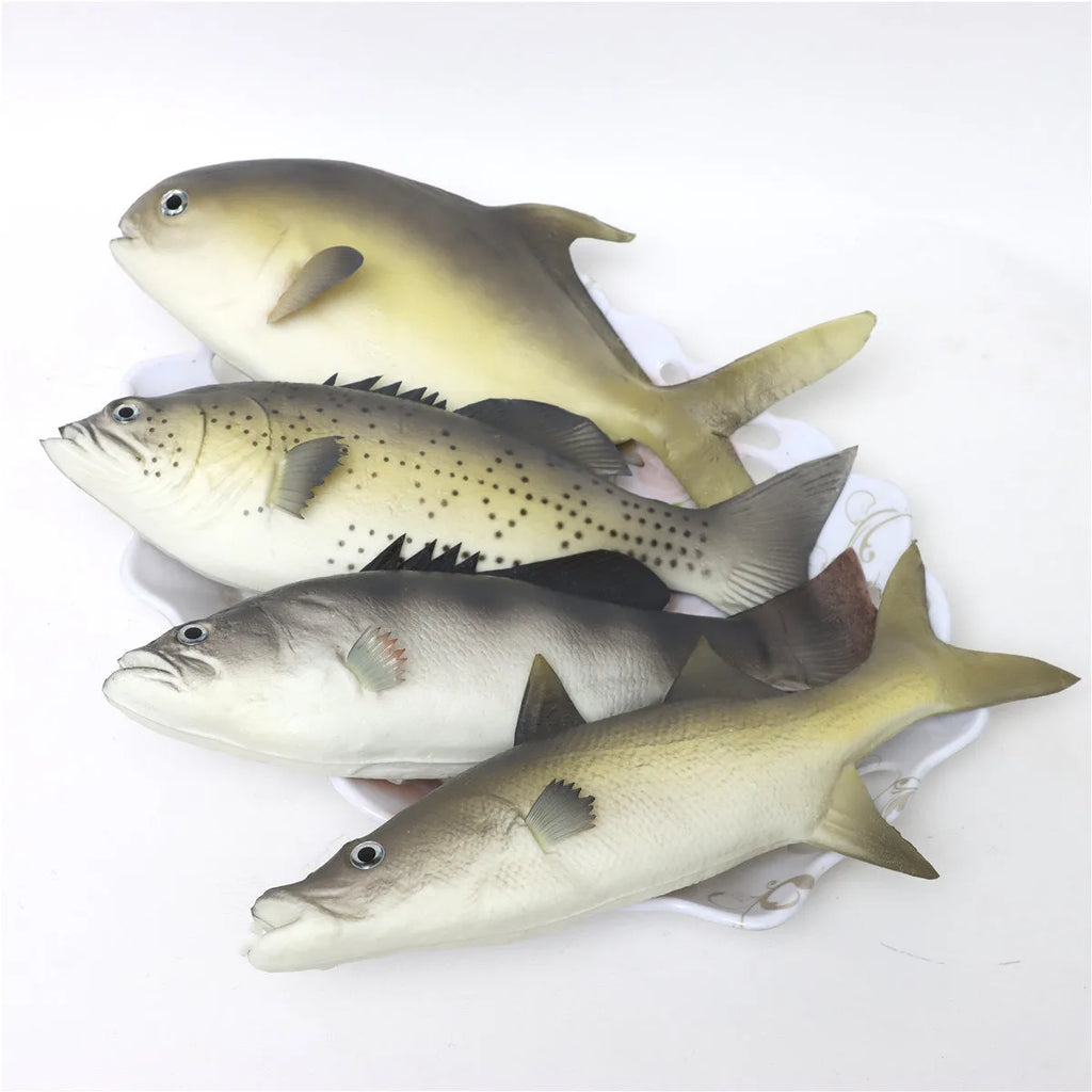 Set of three PU simulated fish model ornaments including yellow-fin tuna and small tuna for aquarium decor