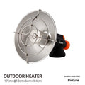Black and orange portable outdoor heating stove with automatic ignition on a table.