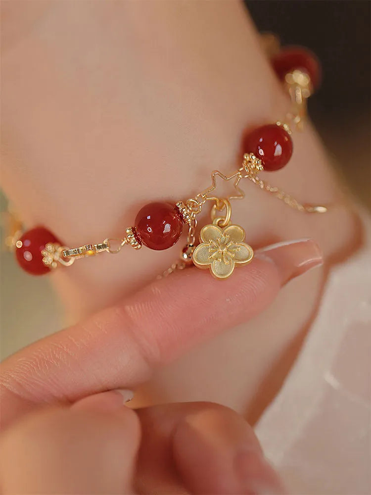 Red agate double layer bracelet with peach blossom design for women