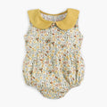 Yellow cotton floral baby romper with doll collar, triangle jumpsuit style for girls 0-6 months to 2-3 years