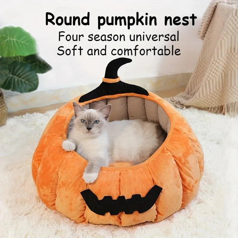 Halloween pumpkin devil design plush cat bed for cats and small dogs in orange colour