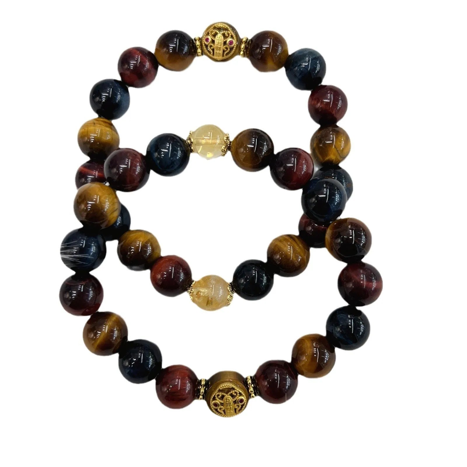 Brown tigereye stone round beads on Maillard chain bracelet showing natural banding patterns