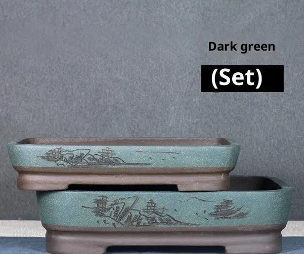Rectangular non-woven fabric bonsai pot in blue with purple clay flowerpot for indoor plants