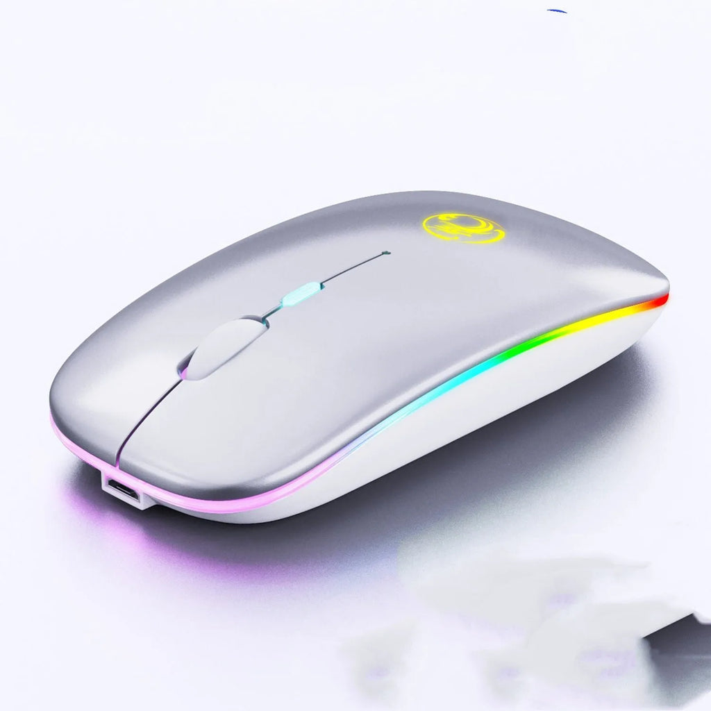 Black or white dual-mode wireless silent mouse with rechargeable battery and charging cable.