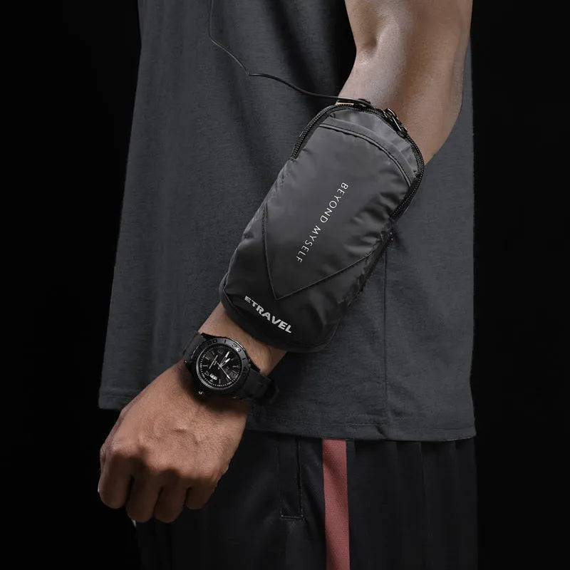 Black reflective running arm band with adjustable strap for a smartphone.