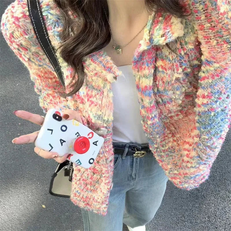 Retro style slim fit knitted cardigan sweater in pink and green colour options