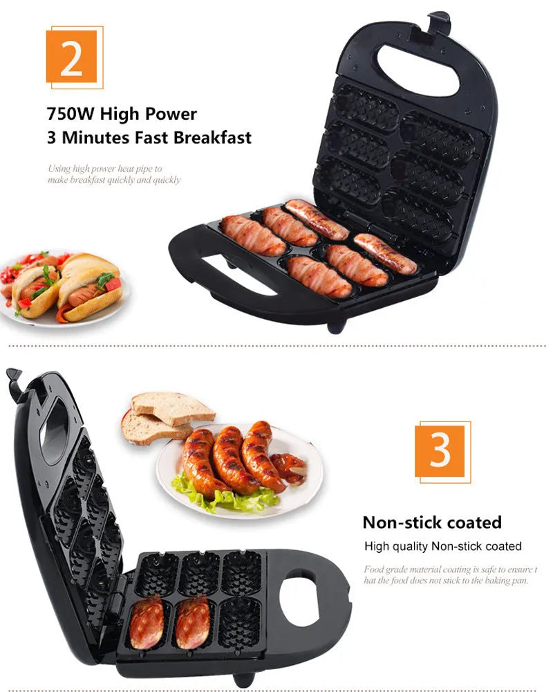 Black home hot dog roast sausage frying machine with non-stick coated rollers on a countertop