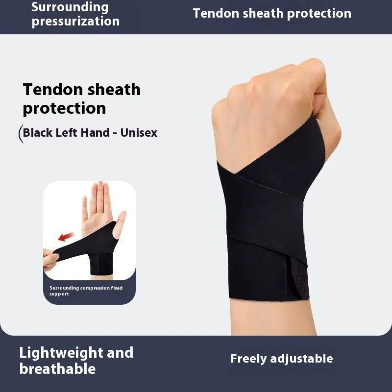 Adjustable black athletic wristguard for left or right hand during badminton or tennis.