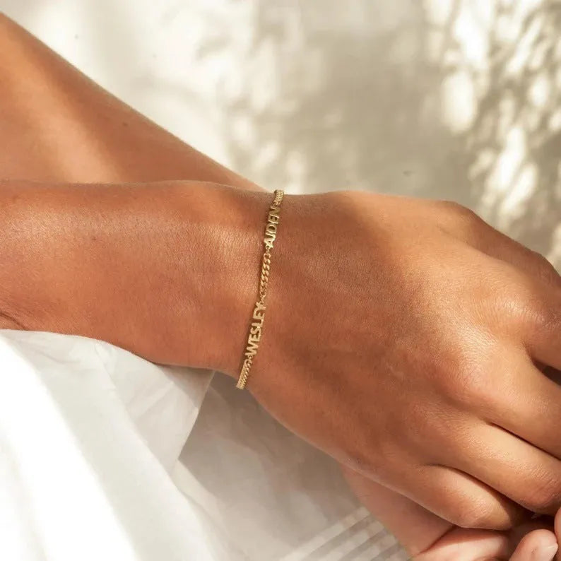 DIY personalised name bracelet Cuban chain stainless steel gold colour with name engraving