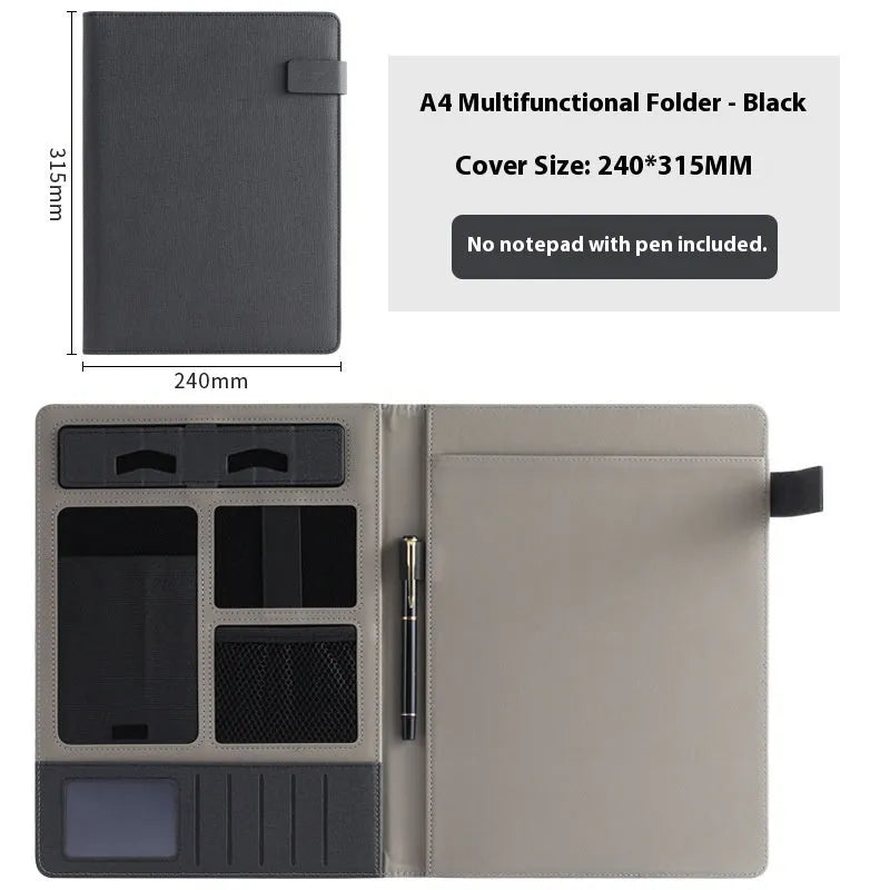 Black leather A4 multifunction folder for documents with optional pen and notepad.